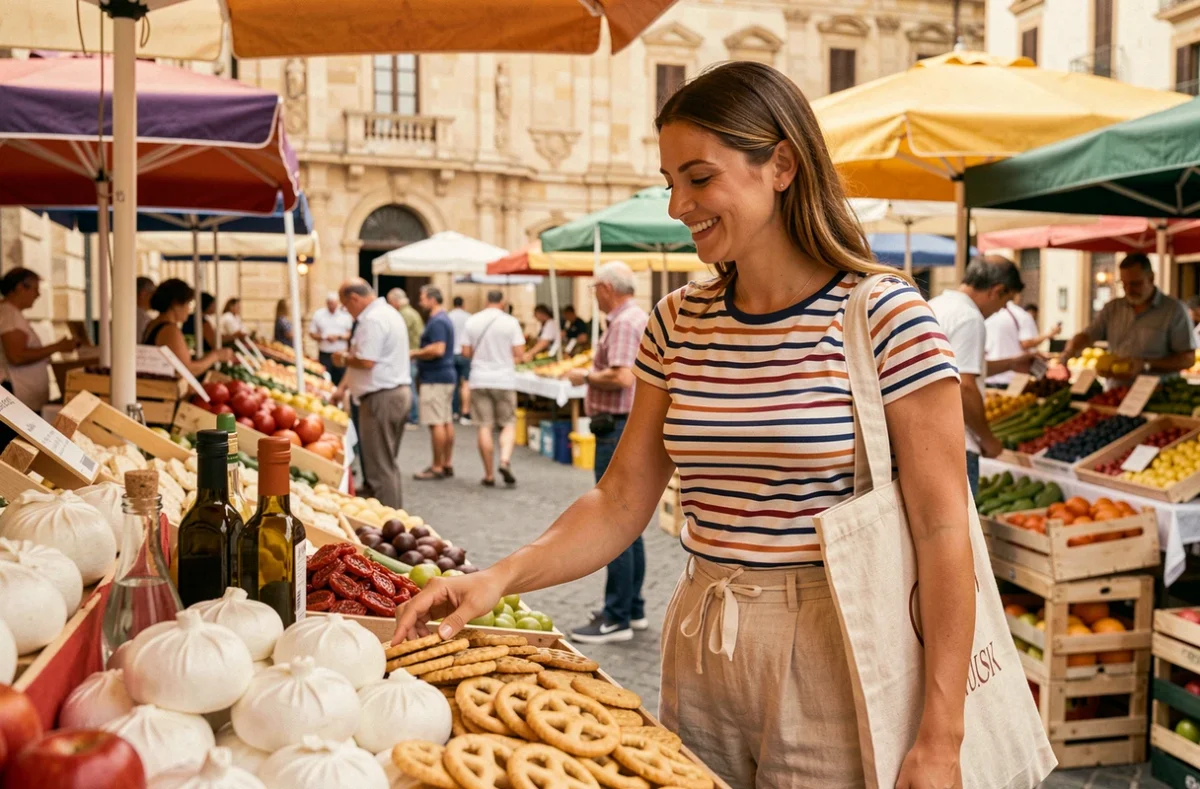 Femme découvrant les produits locaux des Pouilles sur un marché artisanal de Lecce avec burrata et huile d'olive