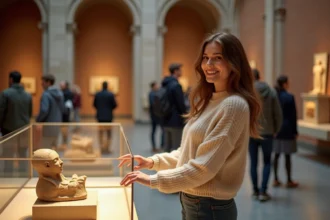 Femme curieuse devant un artefact egyptien au musée de Berlin