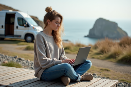 Femme en mode nomade sur une terrasse face à la mer