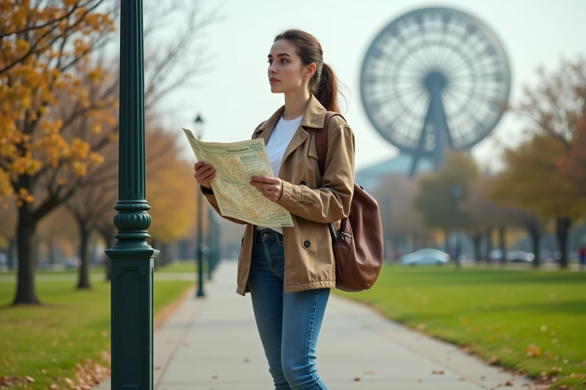 Jeune femme avec carte dans un parc près de l'Unisphere