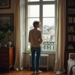 Femme contemplant la vue depuis une fenêtre parisienne