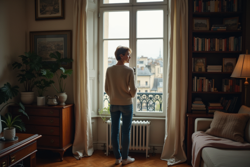 Femme contemplant la vue depuis une fenêtre parisienne