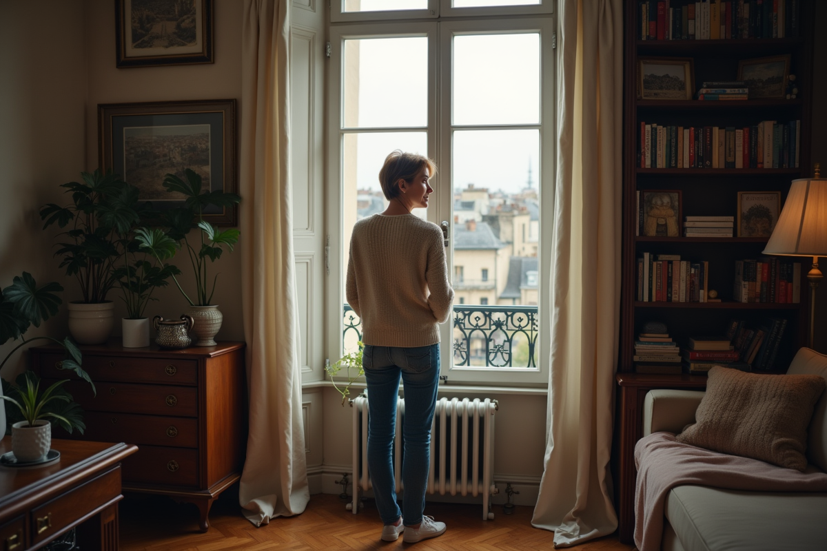 Femme contemplant la vue depuis une fenêtre parisienne