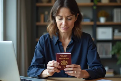 Femme examinant son passeport français dans un bureau à domicile