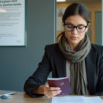 Femme regardant son passeport expiré dans un bureau moderne