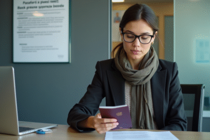 Femme regardant son passeport expiré dans un bureau moderne