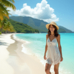 Jeune femme en robe d'été et chapeau de paille sur la plage