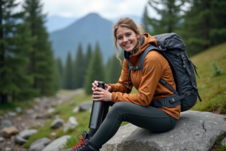 Jeune femme en randonnée buvant dans une bouteille réutilisable