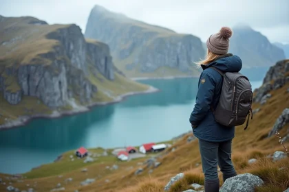 Jeune femme en randonnée sur une falaise norvegienne