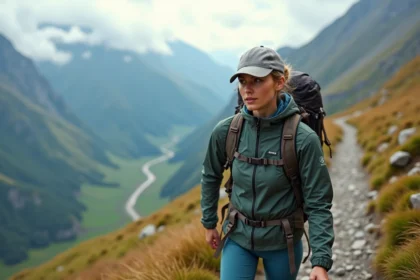 Femme sportive en randonnée en montagne avec équipement