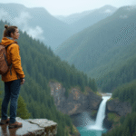 Jeune femme en randonnée regardant la vallée