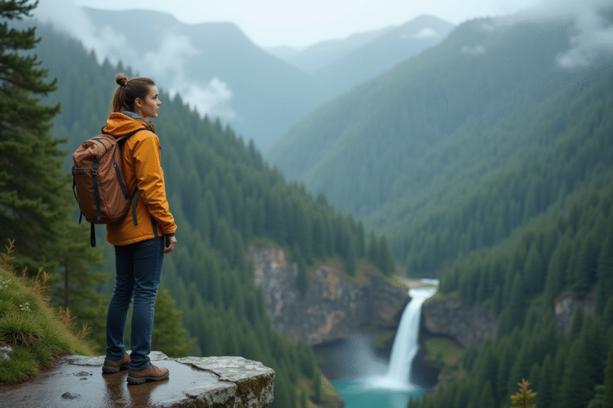 Jeune femme en randonnée regardant la vallée