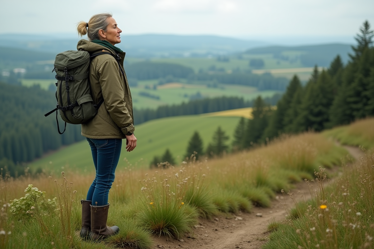 Femme en randonnée admirant un paysage rural verdoyant