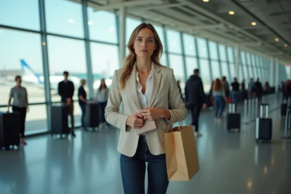Femme tenant un sac à main et un sac duty-free à la porte d'embarquement d'un aéroport EasyJet