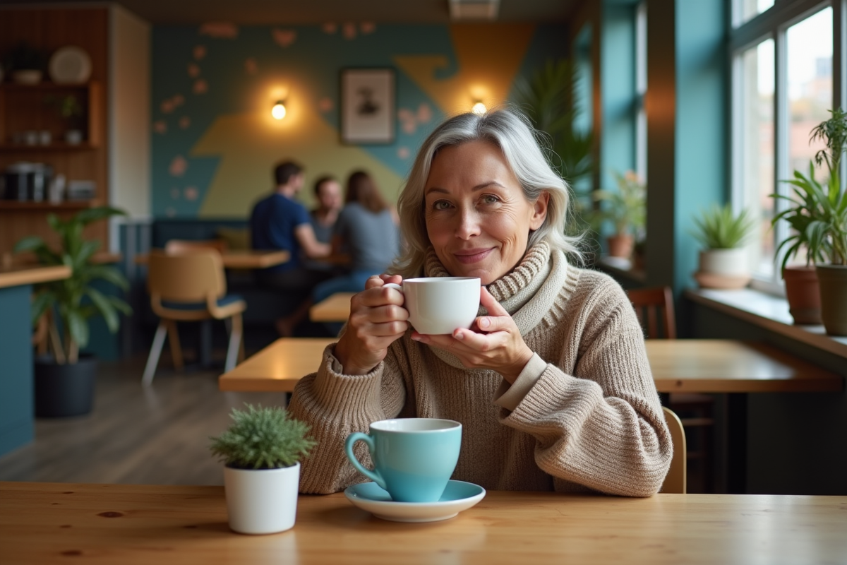 Femme voyageuse buvant un café dans une auberge