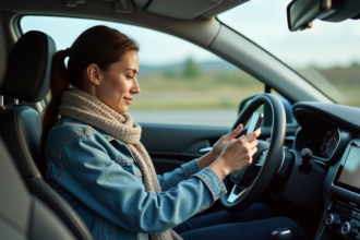 Jeune femme dans une voiture regarde son smartphone