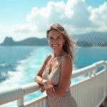 Femme souriante en robe d'été sur un pont de croisière