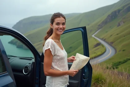 Femme souriante près d'une voiture à Madeira