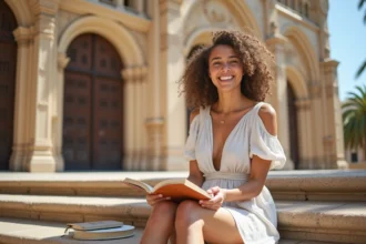 Femme souriante assise sur les escaliers de Palma avec guide