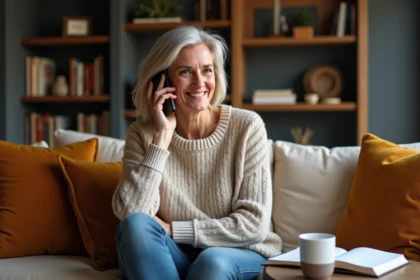 Femme souriante avec smartphone dans un salon parisien