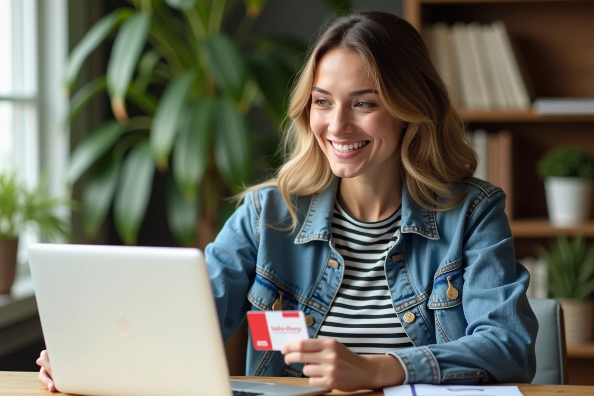 Femme souriante avec carte cadeau Selectour dans un bureau lumineux