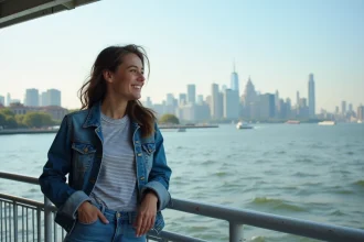 Jeune femme sur le ferry de Staten Island avec Manhattan en arrière-plan