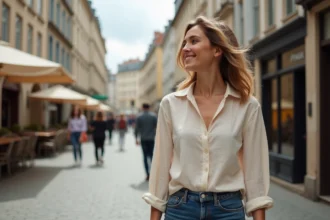 Femme élégante dans les rues de Nantes avec maisons à colombages