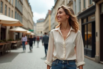 Femme élégante dans les rues de Nantes avec maisons à colombages