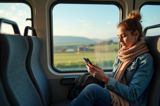 Femme regardant un planning de train et bus en voyage
