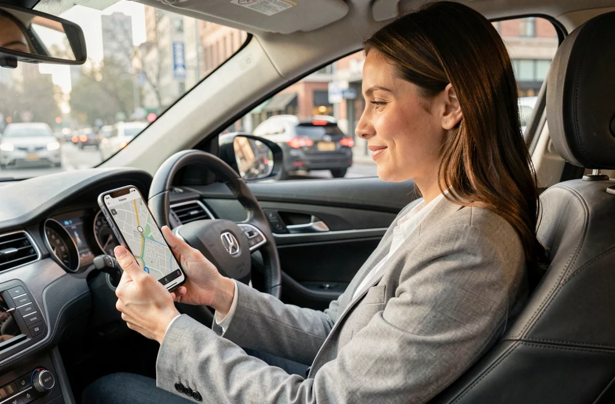 Femme au volant consultant l'application ViaMichelin sur smartphone pour son trajet domicile-travail en ville
