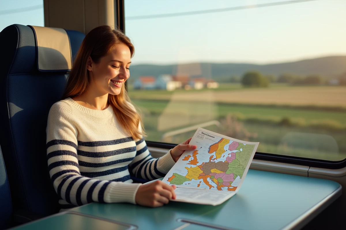 Femme souriante regardant une carte de train européenne dans le train