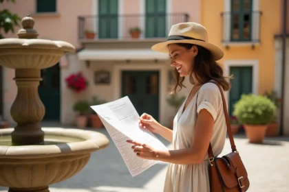 Femme souriante en robe en lin dans une place méditerranéenne