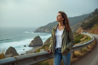 Jeune femme regardant l'océan à Big Sur avec sa voiture