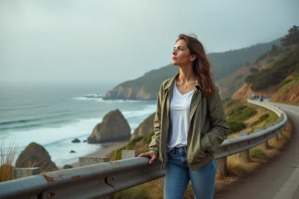 Jeune femme regardant l'océan à Big Sur avec sa voiture