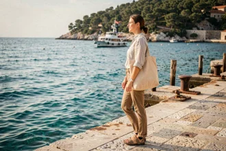 Femme attendant le ferry au port de Dubrovnik pour rejoindre l'île de Lokrum de manière écologique