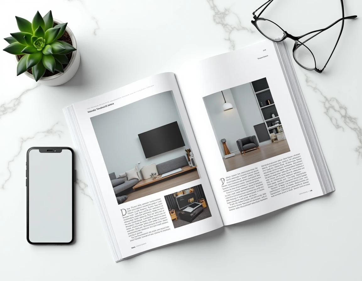 Flat lay d'un magazine imprimé et d'un abonnement numérique sur marbre blanc, comparaison des formats en 2026