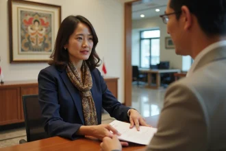 Fonctionnaire de l'ambassade d'Indonésie en France aidant un ressortissant au bureau de réception
