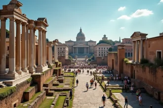 Vue panoramique du Forum romain avec ses colonnes antiques et l'Arc de Septime Sévère, symboles de la Rome antique
