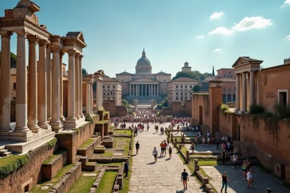 Vue panoramique du Forum romain avec ses colonnes antiques et l'Arc de Septime Sévère, symboles de la Rome antique