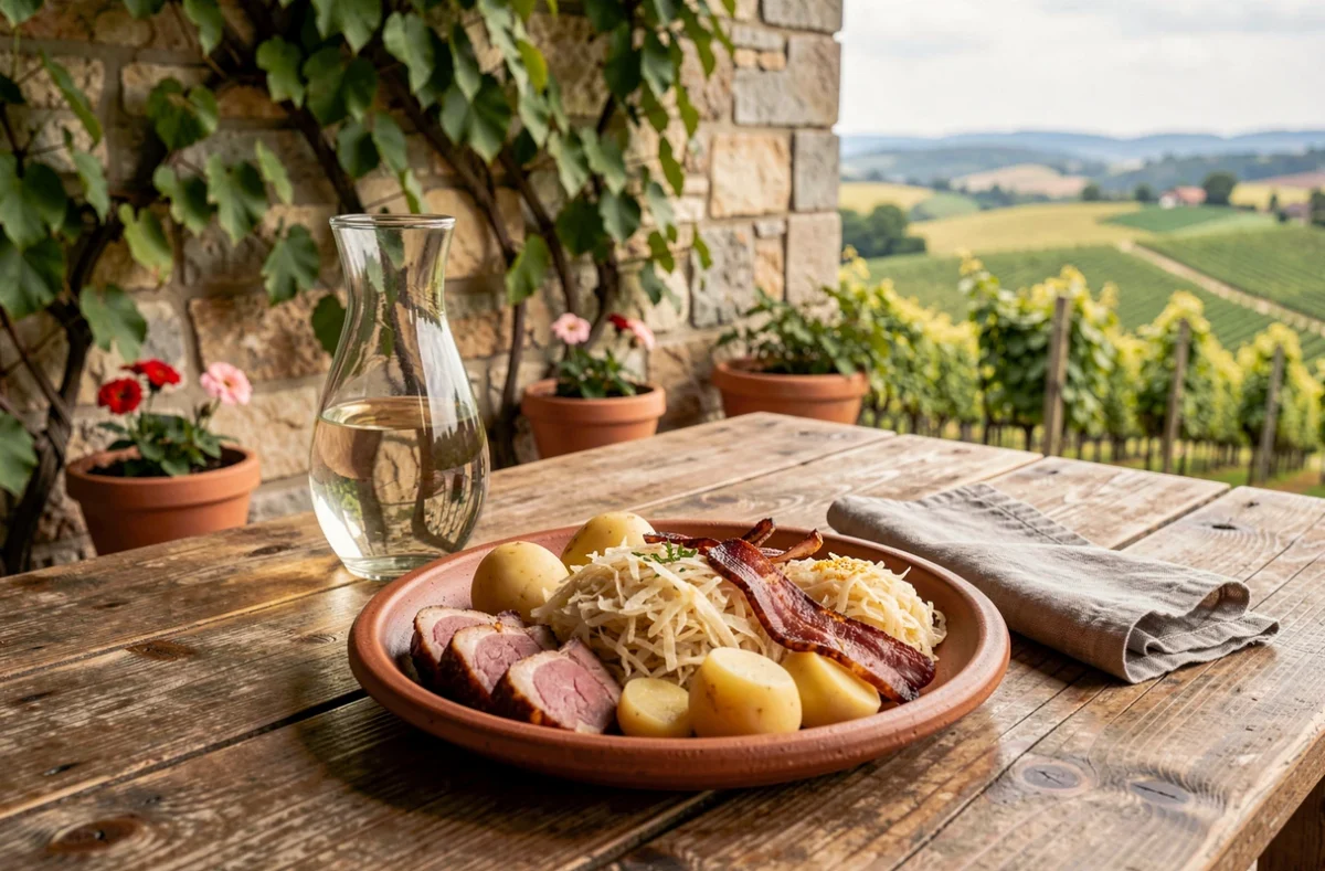 Choucroute garnie et carafe de vin blanc sur une table en bois dans un winstub alsacien avec vue sur les vignes