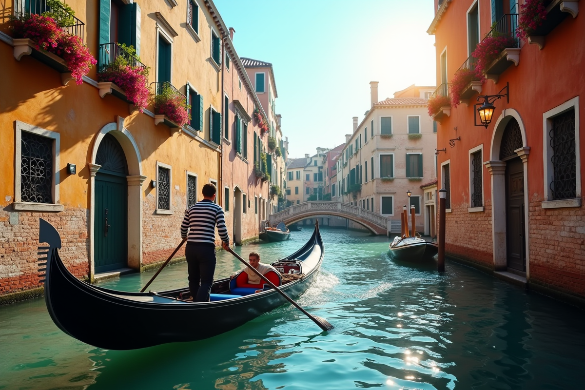 Gondole vénitienne naviguant sur un canal ensoleille avec architecture italienne