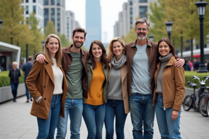 Groupe d'adultes divers en promenade urbaine