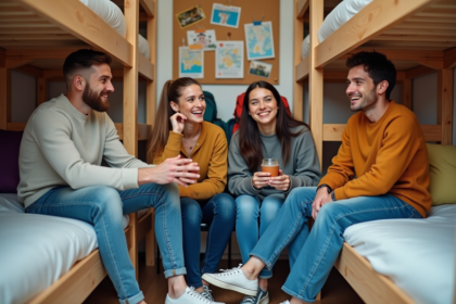 Groupe de voyageurs dans une auberge de jeunesse
