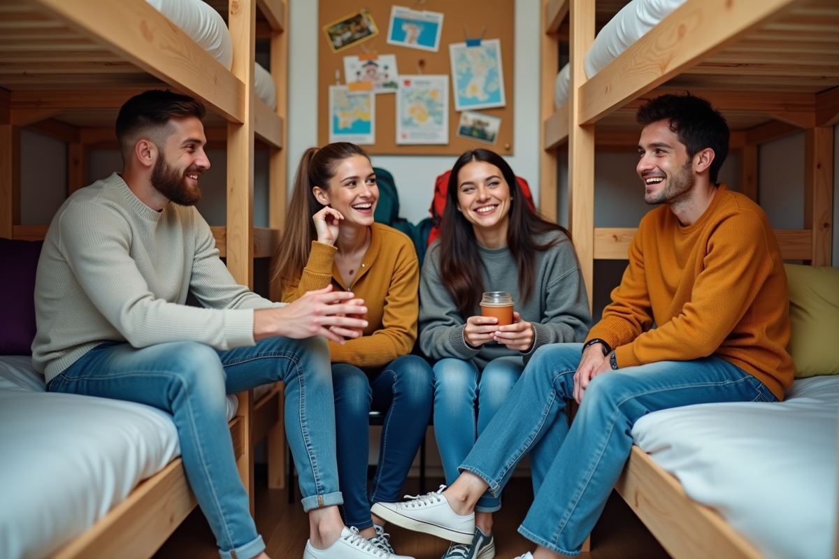 Groupe de voyageurs dans une auberge de jeunesse
