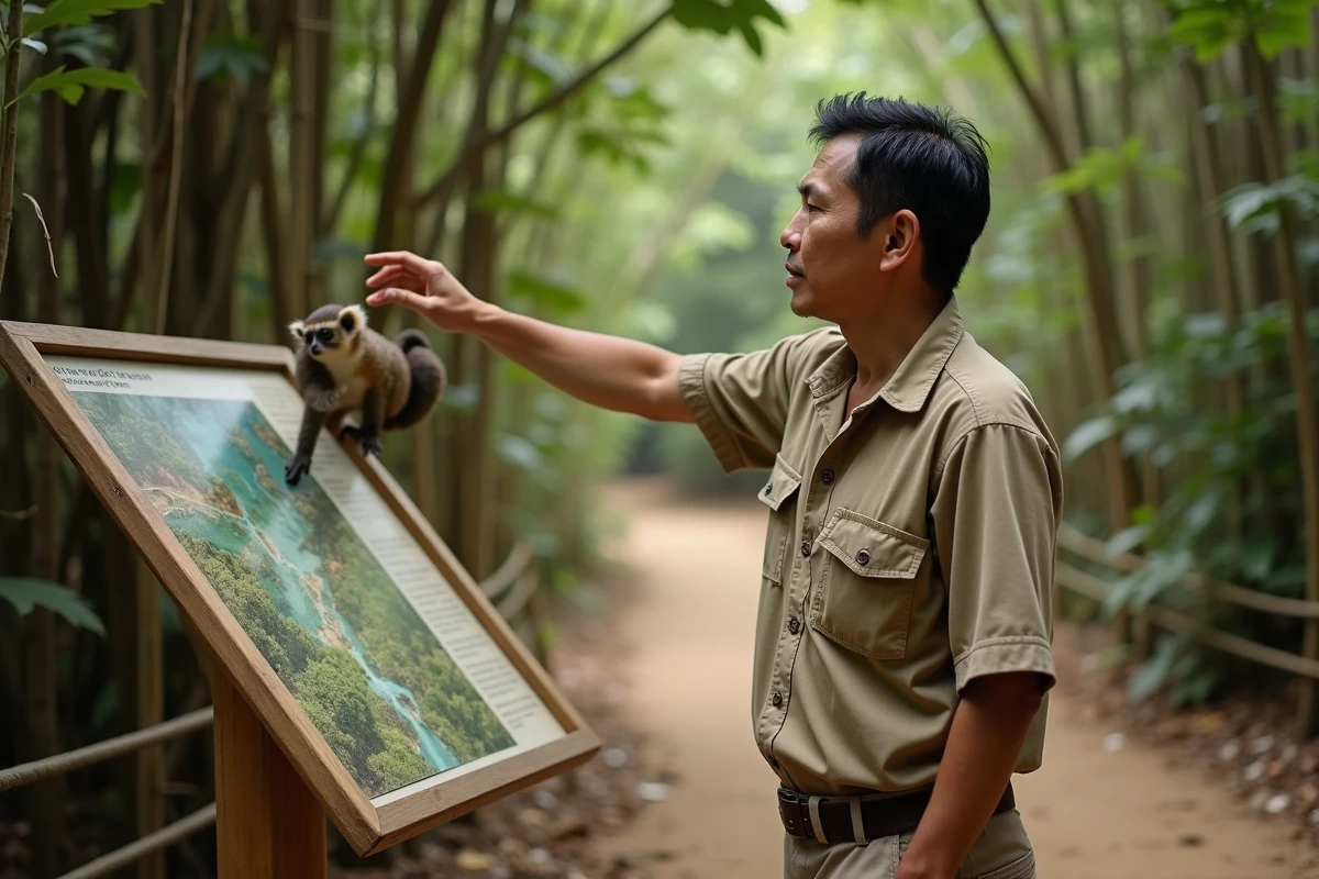 Guide de conservation philippin montrant un tarsier à un visiteur dans un sanctuaire éthique de Bohol, expérience écotouristique responsable