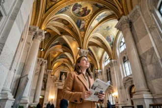 Touriste admirant le hall néogothique du Woolworth Building avec ses mosaïques dorées et colonnes en marbre à New York