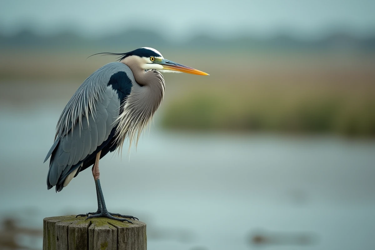 Héron cendré en gros plan sur un poteau en bois dans les marais de Pennedepie, détail des plumes et estran normand en arrière-plan