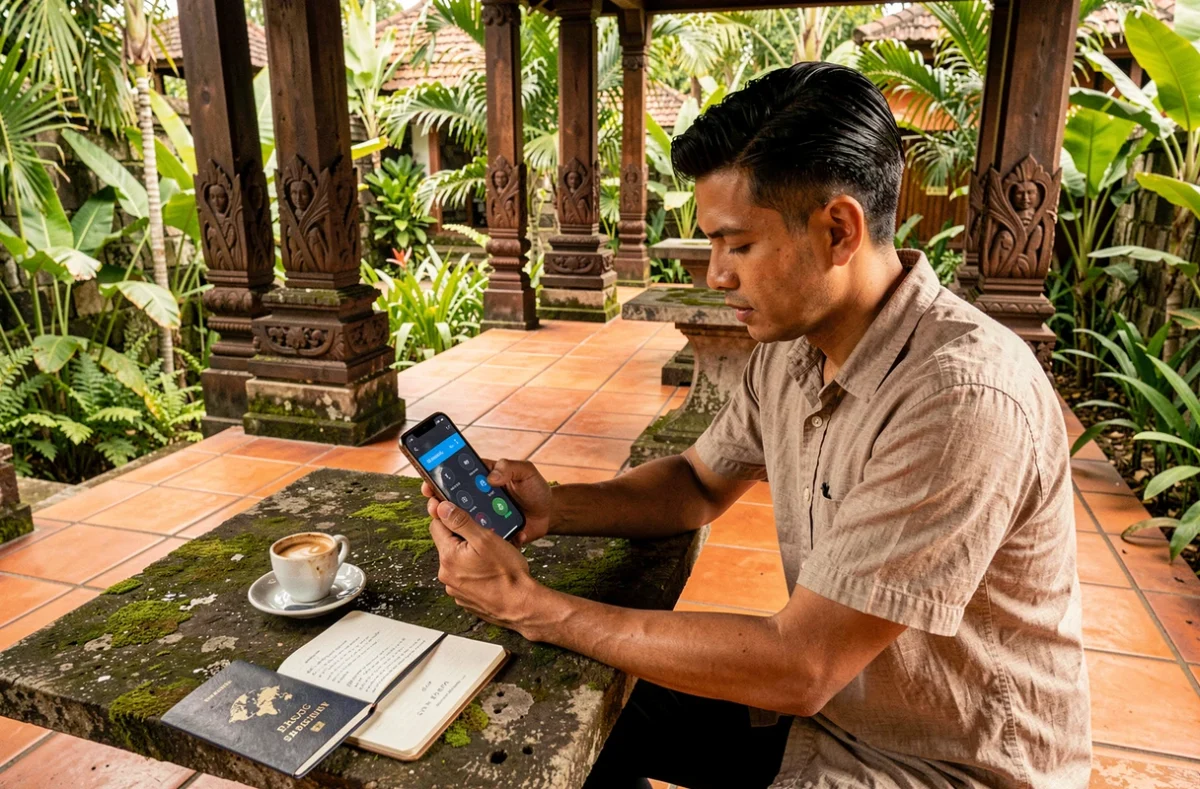 Voyageur consultant le décalage horaire entre Bali et la France sur son téléphone dans un café balinais