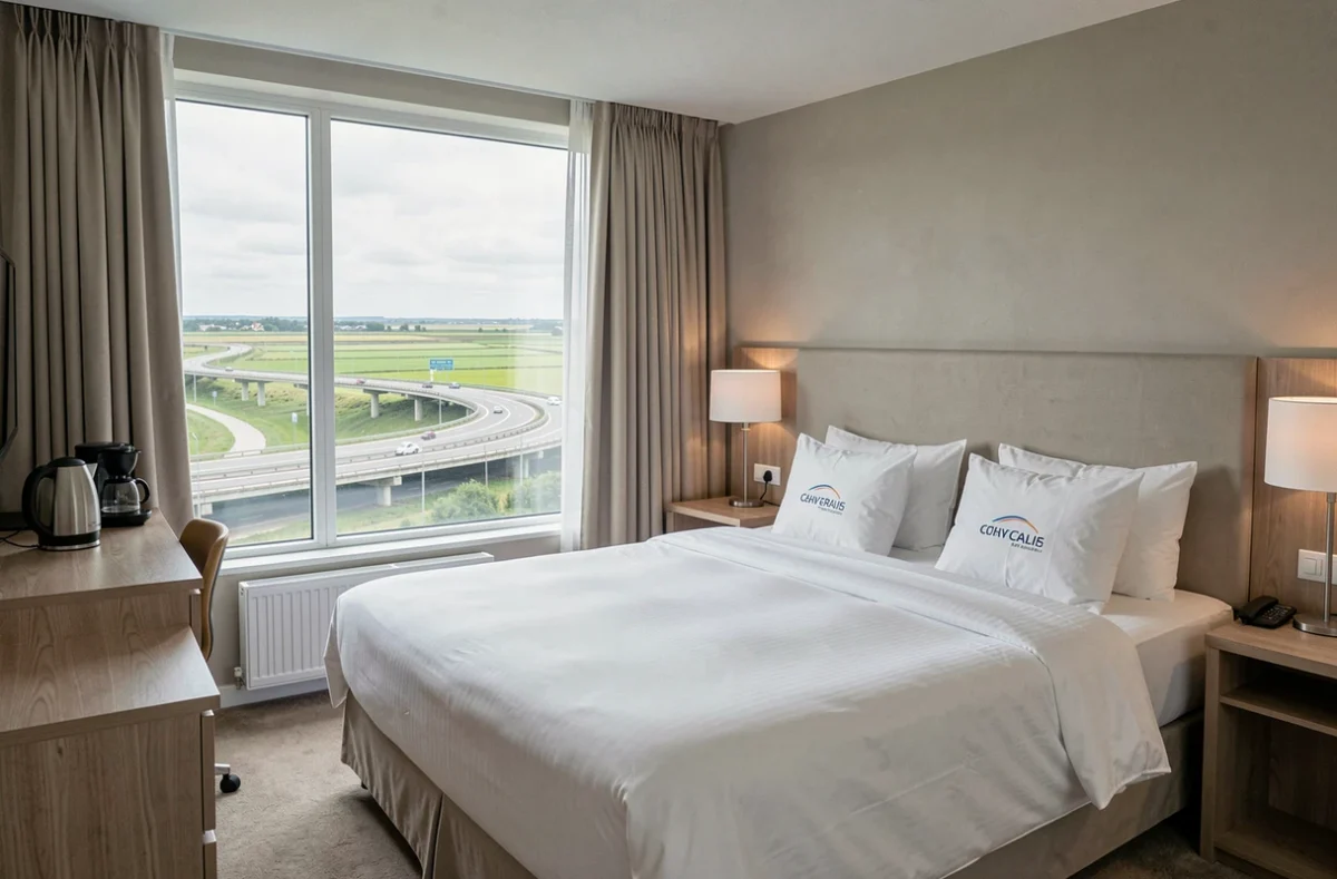 Chambre d'hôtel propre et moderne du Holiday Inn Calais-Coquelles avec vue sur les champs de la région