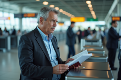 Homme d'affaires inquiet au comptoir d'enregistrement aéroport